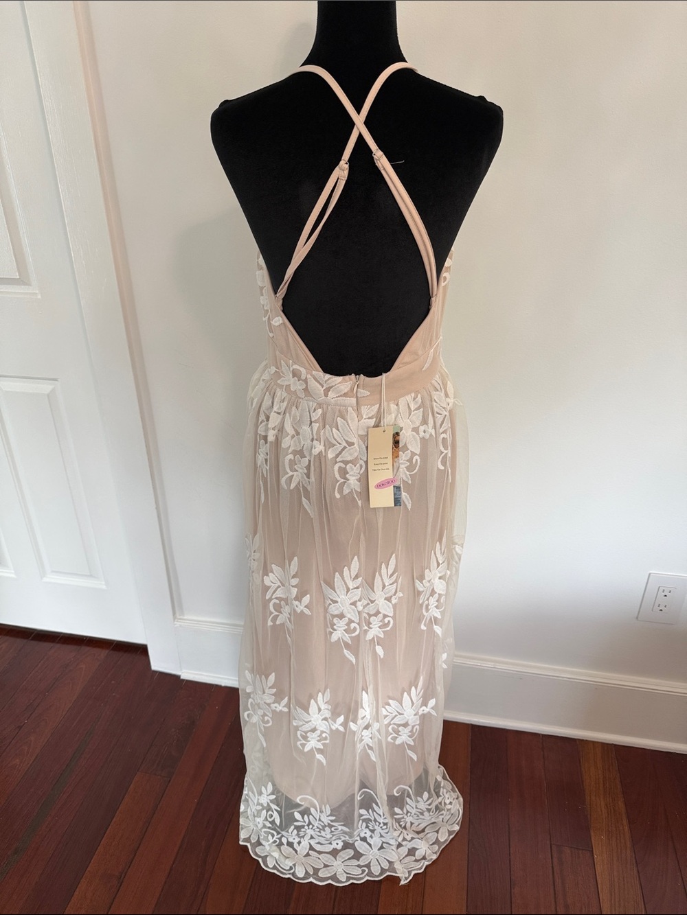 Nude Halter Maxi Dress with White Floral Lace - Picture 3 of 4